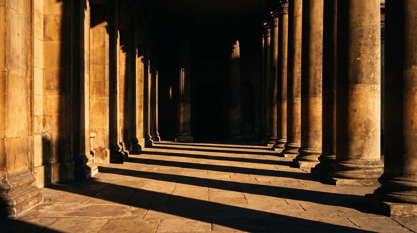 A stone colonnade in the morning light