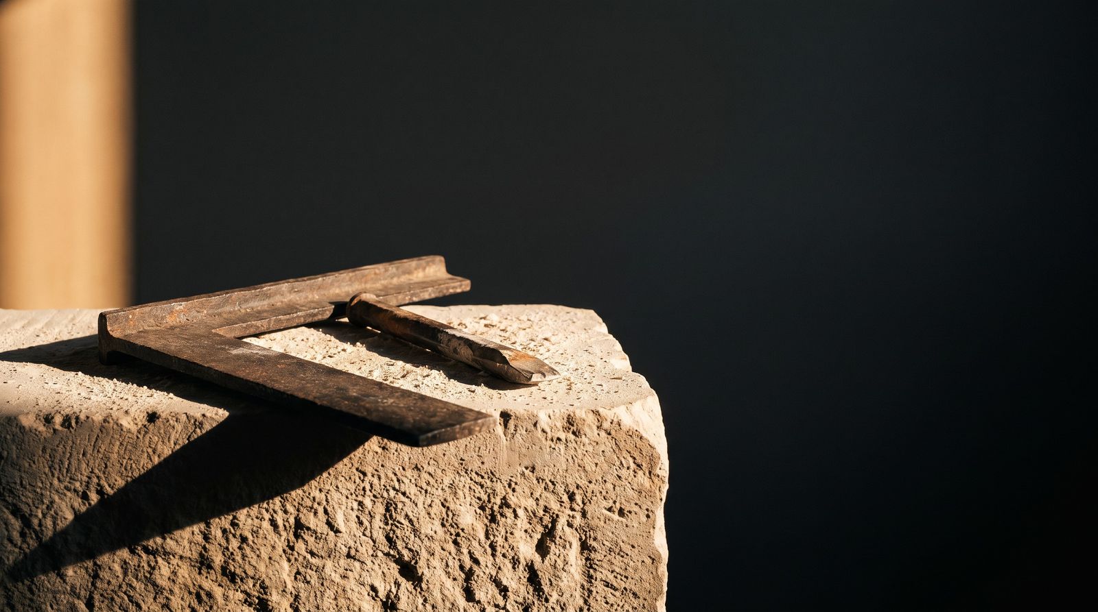 A stonemason’s square and chisel on a hewn block of stone