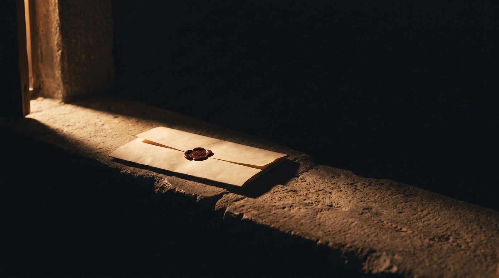 A wax-sealed letter on a stone windowsill in the morning light