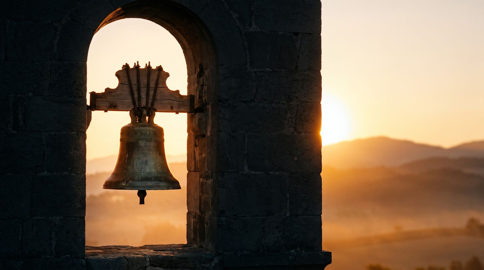 A bronze bell in a stone belfry at sunrise